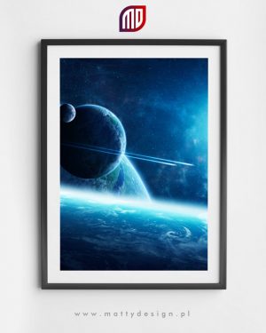 Plakat astronomiczny - wizja artystyczna, planety, statki kosmiczne