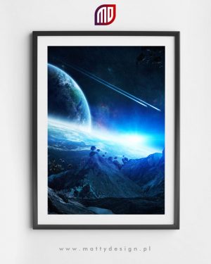 Plakat astronomiczny - wizja artystyczna, planety, statki kosmiczne, asteroidy