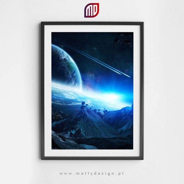 Plakat astronomiczny - wizja artystyczna, planety, statki kosmiczne, asteroidy