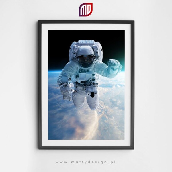 Plakat astronomiczny - wizja artystyczna, astronauta w kosmosie