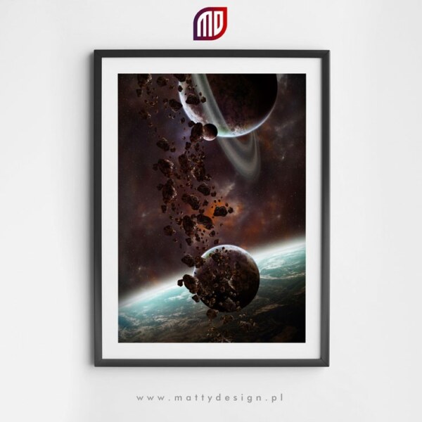 Plakat astronomiczny - wizja artystyczna, planety i asteroidy