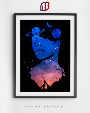 Plakat astronomiczny - grafika artystyczna, głowa kobiety z planetami