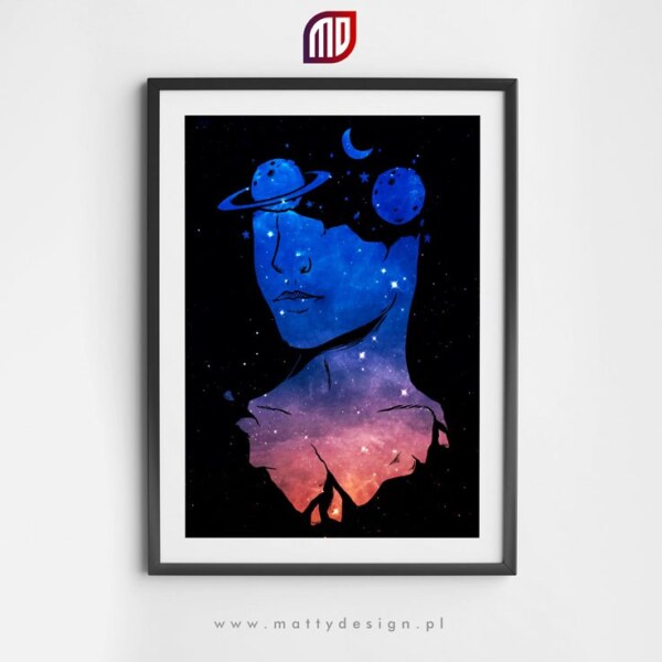 Plakat astronomiczny - grafika artystyczna, głowa kobiety z planetami