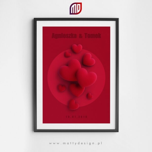 Plakat na ścianę - miłość 006 - czerwone serca - imiona i data