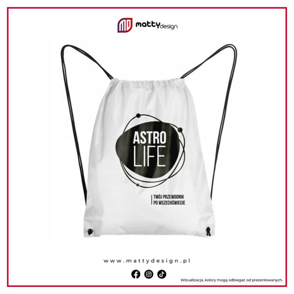 Worek, plecak biały z czarnymi sznurkami - logo AstroLife